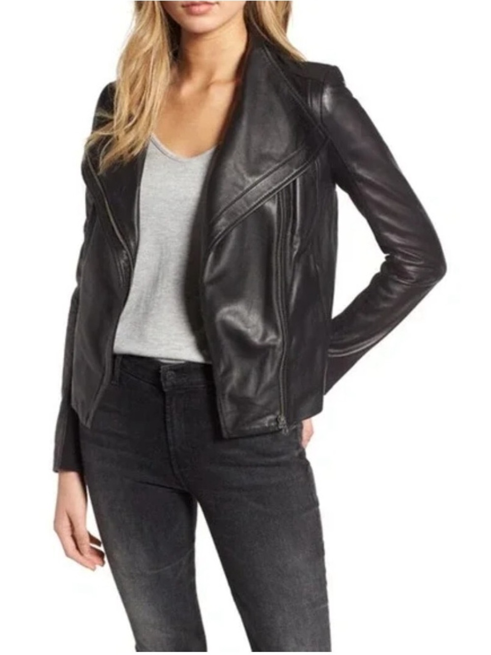 Black Leather Moto Jacket with Asymmetrical Zipper